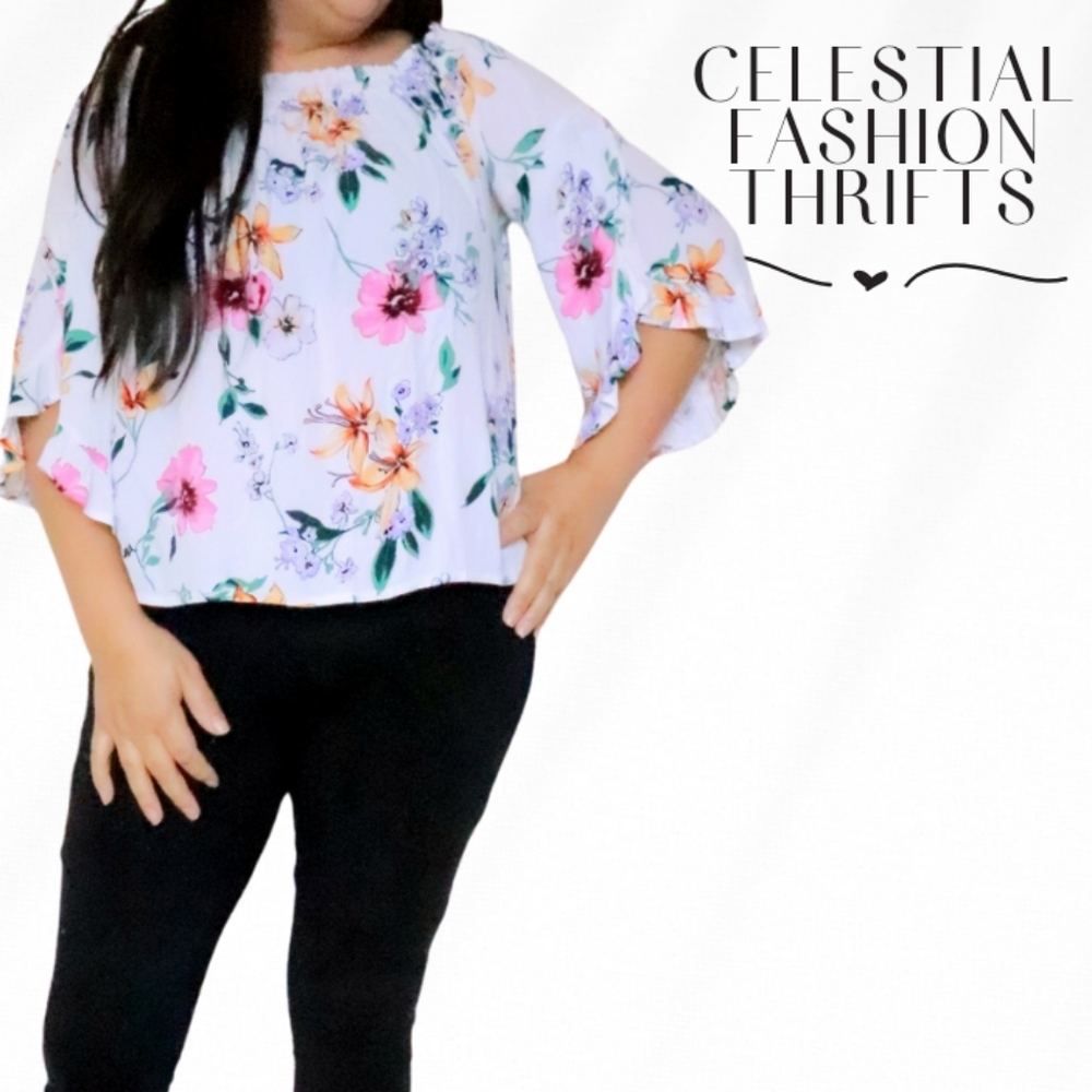 BERSHKA OFF SHOULDER WOMENS SIZE MEDIUM FLORAL TOP